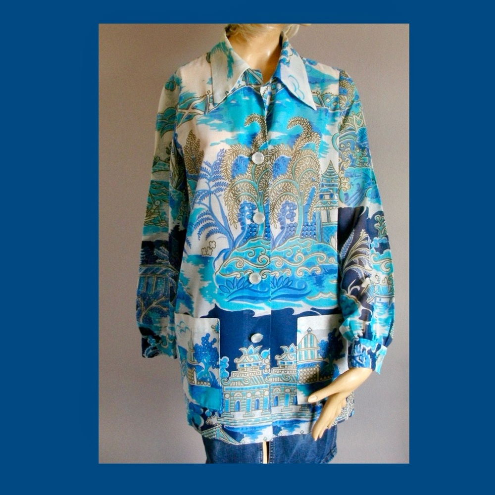 Vintage ‘60’s 70’s Chinoiserie Garden Pattern Shirt Dress Tunic